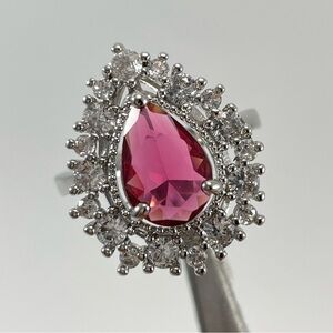 Beautiful Statement Pear Cut Halo Red Ruby Diamond CZ Silver Plated Ring